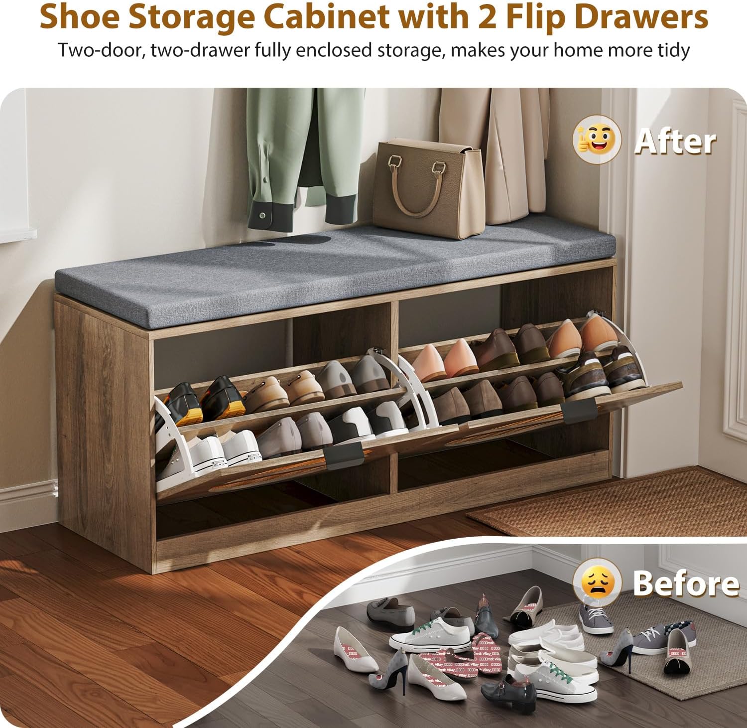 Rattan Storage Bench with Cushion & Coat Rack, Shoe Rack with 2 Flip Drawers, Narrow Shoe Storage Cabinet, Shoe Bench for Entryway, Living Room, Rustic Oak, Round