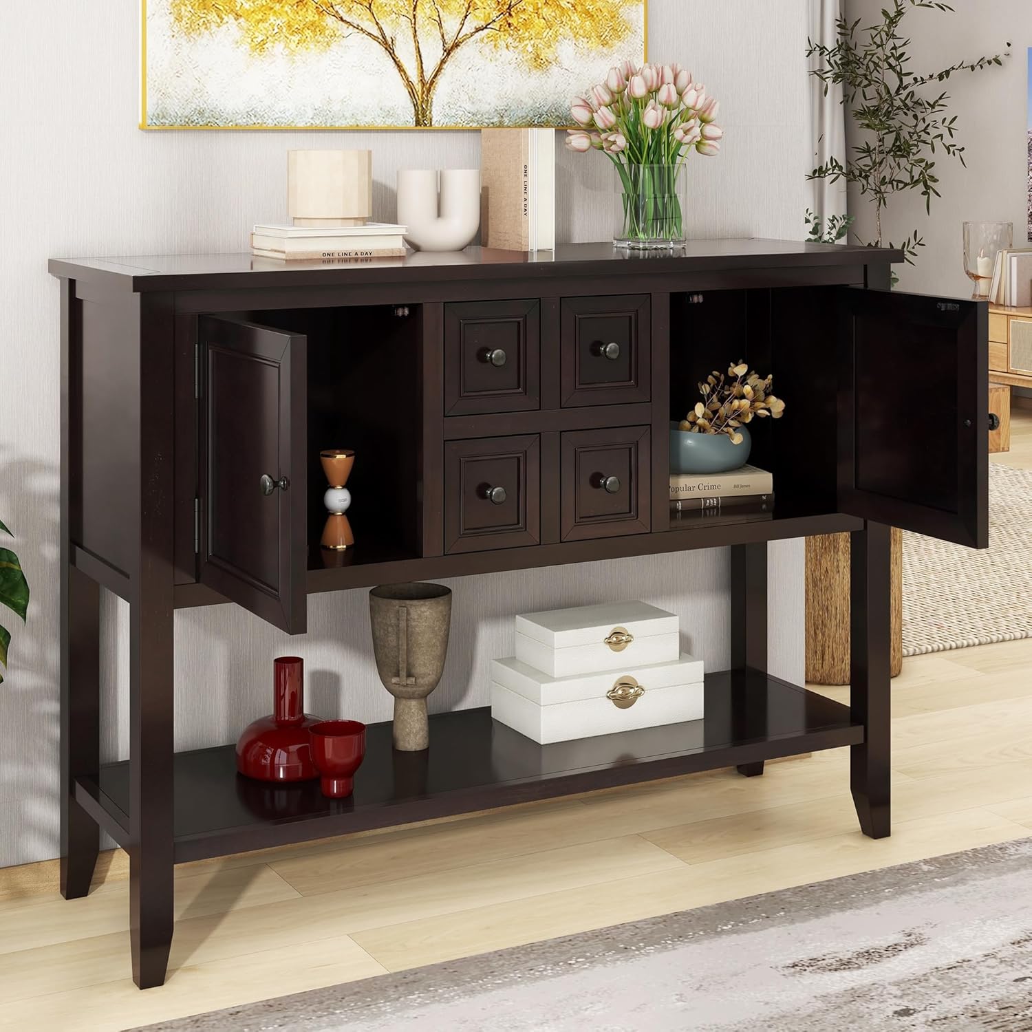 Knocbel Vintage Wood Console Table Buffet Sideboard with 4 Storage Drawers, 2 Cabinets & Bottom Shelf, Entryway Hallway Foyer Table Cupboard Coffee Bar Cabinet (Espresso 44.5")