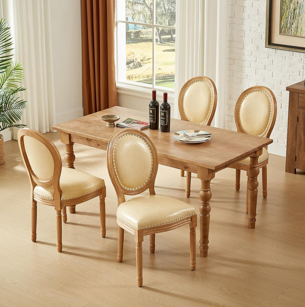 Leather Dining Chairs Set of 4 French Country Dining Chairs with Round Back, Farmhouse Upholstered Dining Accent Chairs with Nailhead Trim, Mid Century Modern (Beige)
