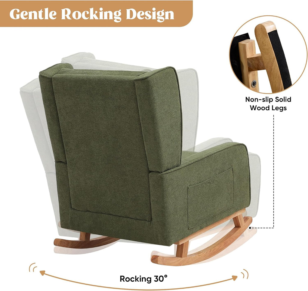 HCHAIRH Nursery Rocking Chairs, Rocking Chair Nursery for Mom Nursery Rocker with High Backrest and Solid Wood Legs, Modern Wingback Accent Rocking Chair for Reading Living Room Bedroom Green