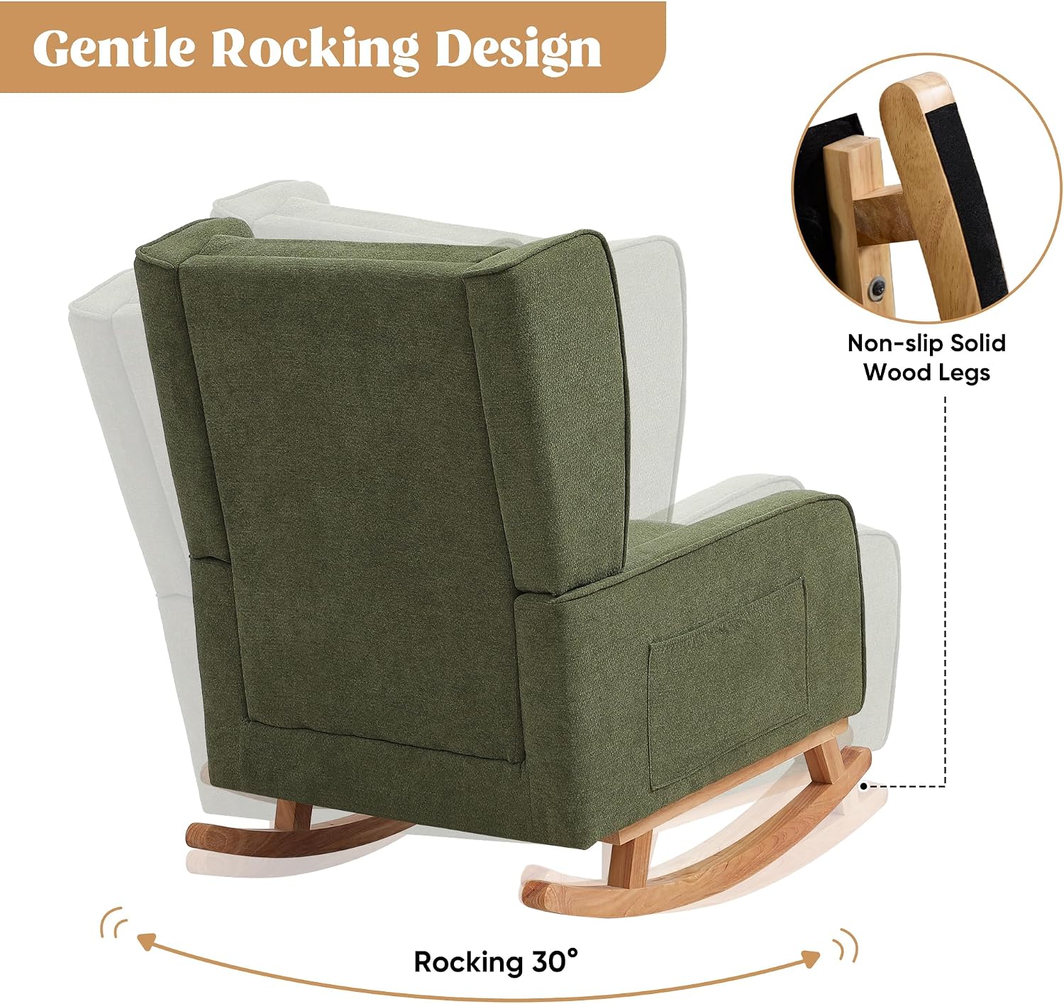 HCHAIRH Nursery Rocking Chairs, Rocking Chair Nursery for Mom Nursery Rocker with High Backrest and Solid Wood Legs, Modern Wingback Accent Rocking Chair for Reading Living Room Bedroom Green