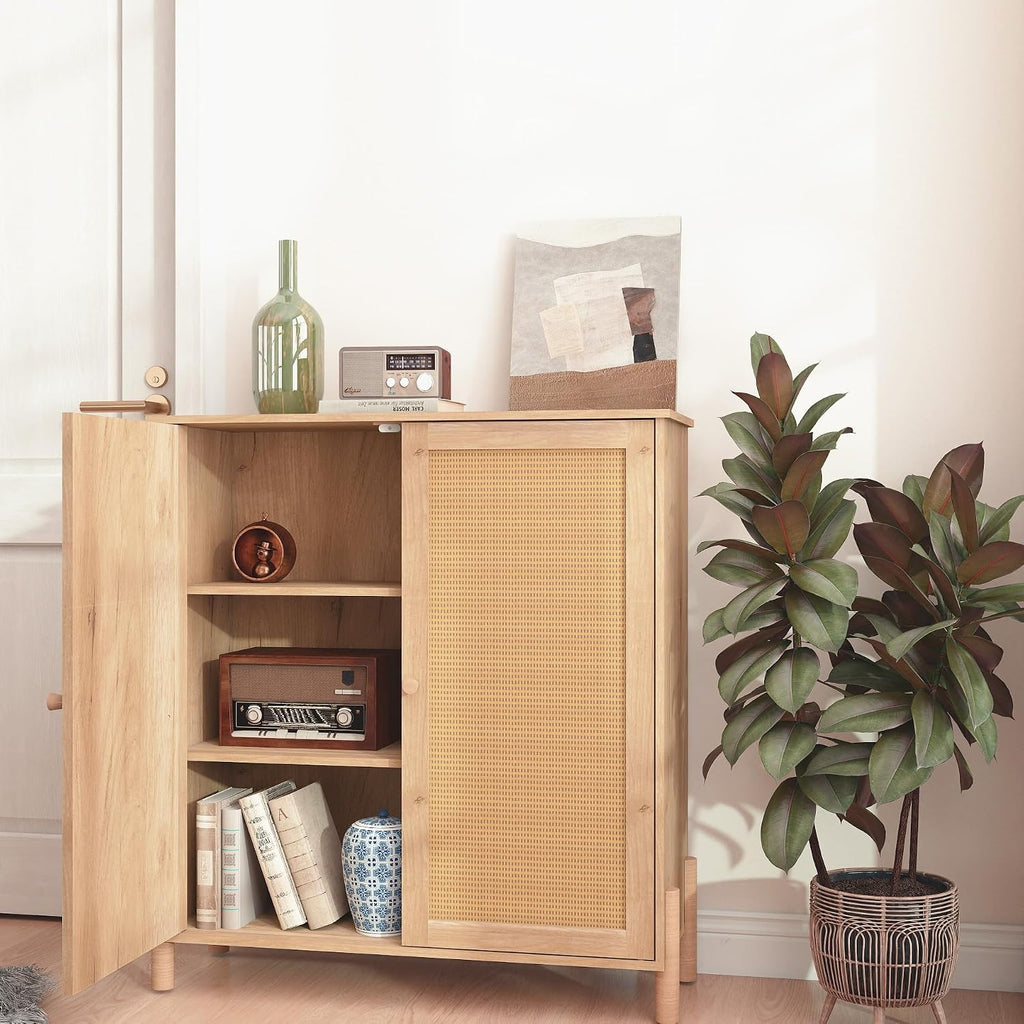 CIATRE Mid-Century Modern Natural Storage Cabinet with Woven Rattan Doors & Adjustable Shelves - Ideal for Living & Dining Room Decor & Organization