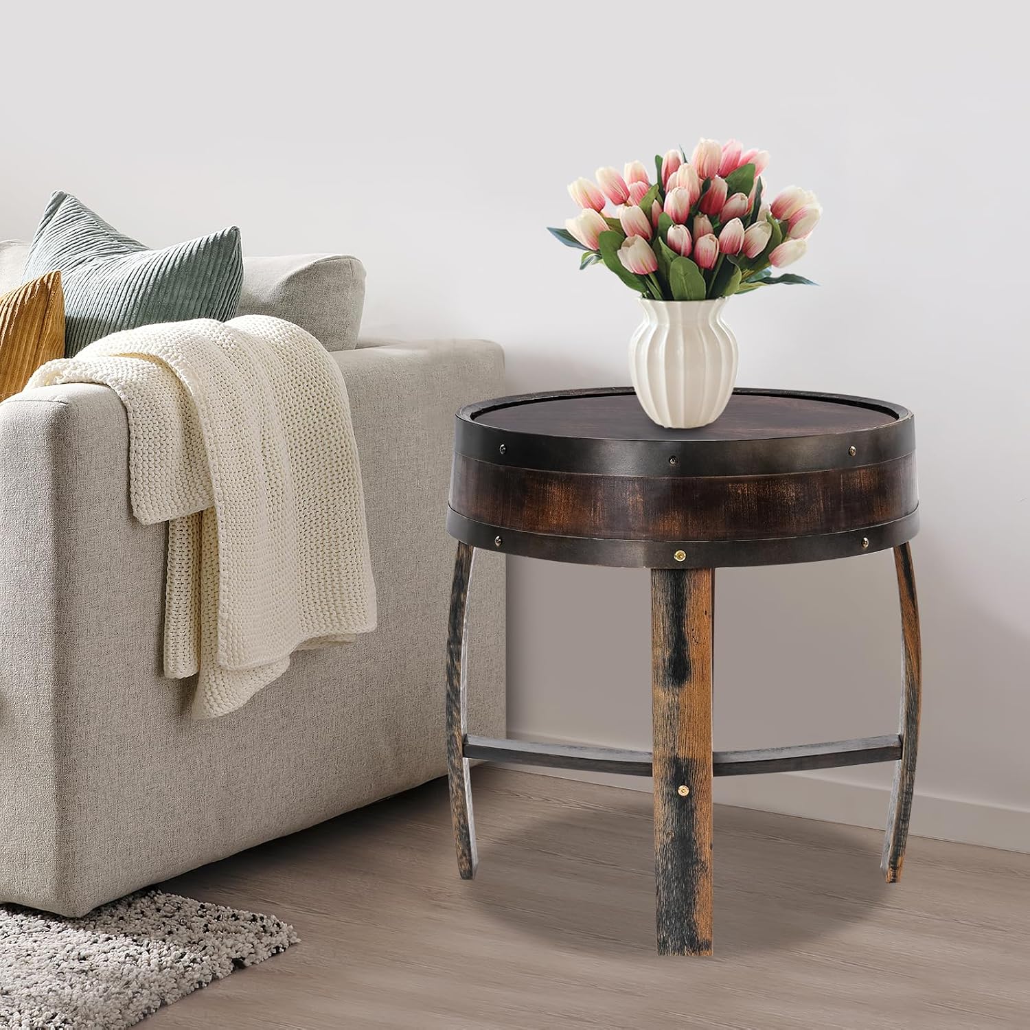 Whiskey Barrel Table 24 Inch Tall Wine Barrel End Table Rustic Round Wooden Bourbon Coffee Oak Side Table Handcrafted Whiskey Barrel Accent Table for Living Room, Bedroom, Office, Brown