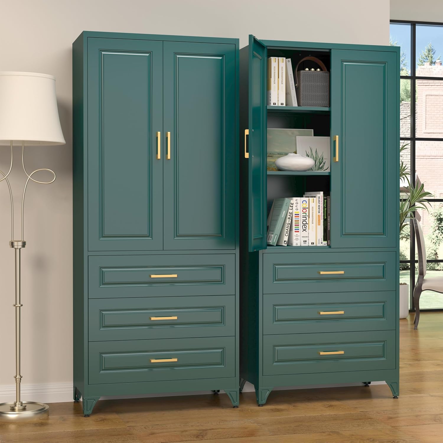 SteeLoong 75" Kitchen Pantry Cabinet with 3 Drawer,Metal Storage Cabinets with Doors and 2 Adjustable Shelves,Green Kitchen Cabinet with 2 Gold Handles,Food Cupboard for Livingroom,Pantry, Bathroom