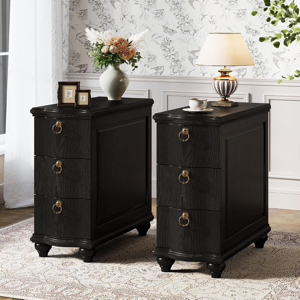 Tribesigns Wood Black End Table Set of 2, 3-Drawers Fully Assembled Narrow Slim Side Table, No Assembly Required, Nightstand for Bedside, Small Spaces, Living Room, Bedroom