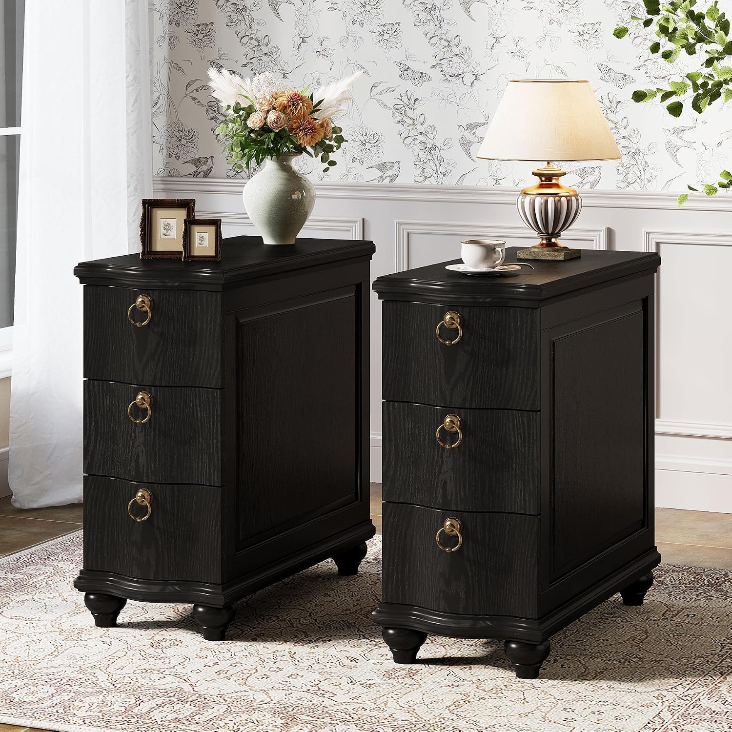 Tribesigns Wood Black End Table Set of 2, 3-Drawers Fully Assembled Narrow Slim Side Table, No Assembly Required, Nightstand for Bedside, Small Spaces, Living Room, Bedroom