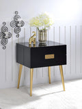 Penau Black and Gold End Table, Rectangular High Gloss Engineered Wood Top, Metal Tapered Gold Legs, 2 Drawers Storage Nightstand, 16.00 x 20.00 x 24.00 Inchs