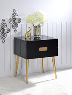 Penau Black and Gold End Table, Rectangular High Gloss Engineered Wood Top, Metal Tapered Gold Legs, 2 Drawers Storage Nightstand, 16.00 x 20.00 x 24.00 Inchs