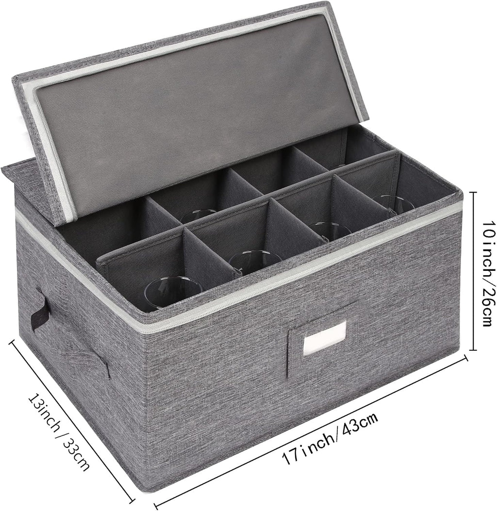 Stemware Storage Cases, Wine Glass Storage Box Containers for Glassware or Crystal, Holds 12 Red or White Wine Glasses, Hard Top and Sides (Grey)