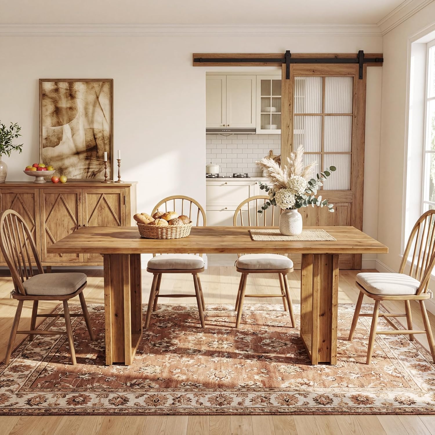 63-Inch Solid Wood Dining Table for 6, Farmhouse Kitchen Table with Heavy Duty Legs, Rectangular Wood Desk for Dining Room, Living Room, Rustic Brown