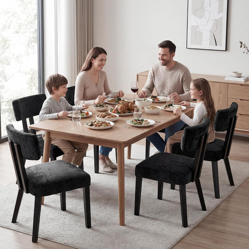 GOTMINSI Mid Century Modern Dining Chairs,Velvet Farmhouse Upholstered Kitchen Chairs, Accent Curved Backrest Dining Room Chairs with Hardwood Legs (Black, 4PCS)