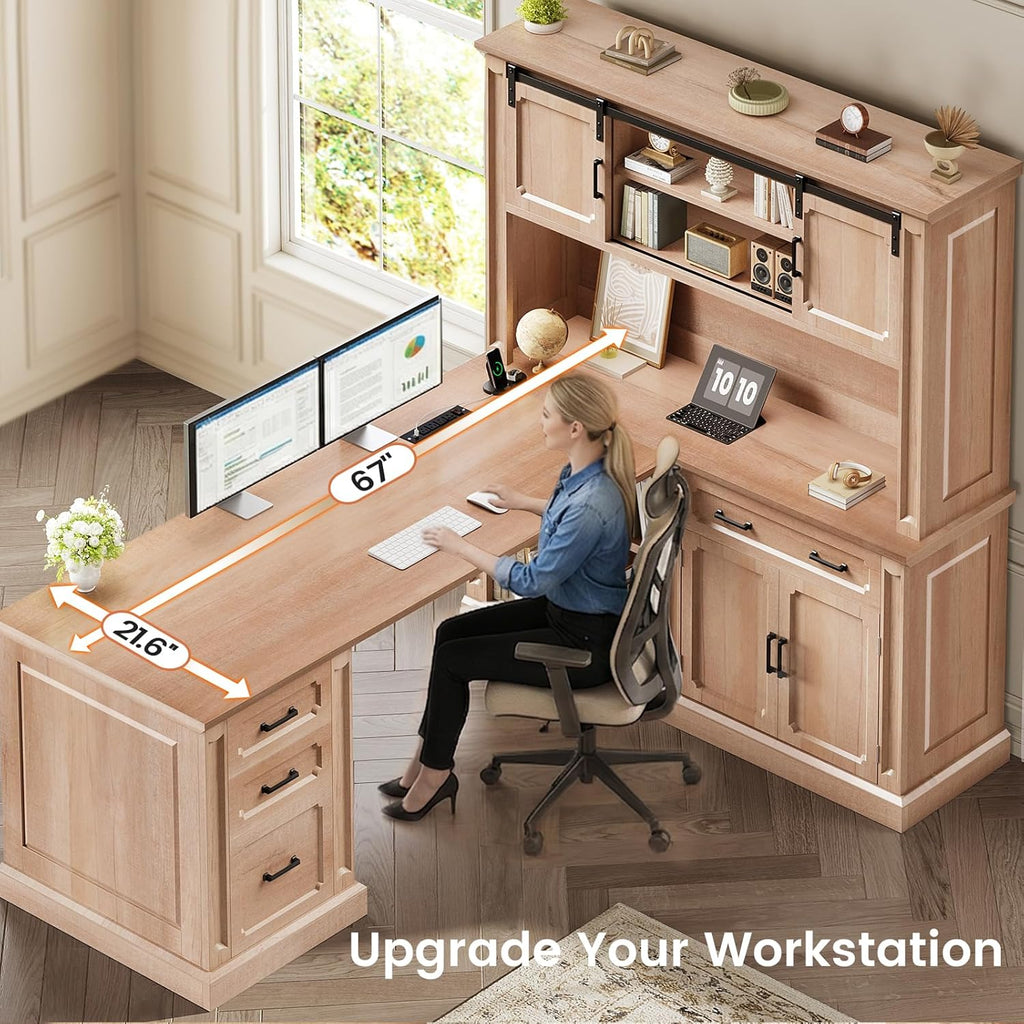 SEDETA 67" Farmhouse Desk with Hutch, L Shaped Office Desk with 4 Drawers & Storage Cabinet, Executive Corner Computer Desk with Sliding Doors, File Drawer & Power Outlet for Home Office, Oak