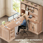 SEDETA 67" Farmhouse Desk with Hutch, L Shaped Office Desk with 4 Drawers & Storage Cabinet, Executive Corner Computer Desk with Sliding Doors, File Drawer & Power Outlet for Home Office, Oak