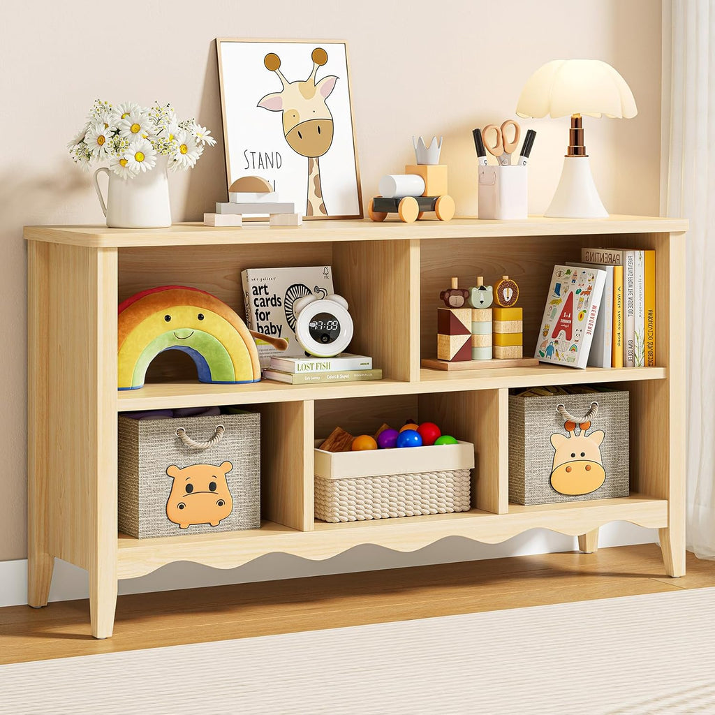 ONBRILL Montessori Shelf, 5 Cube Toy Storage Organizer with Wave Design, Safe Wooden Kid Toy Organizer Cabinet, Kids Bookshelf & Bookcase for Nursery Kids Room Playroom Bedroom Living Room Nursery