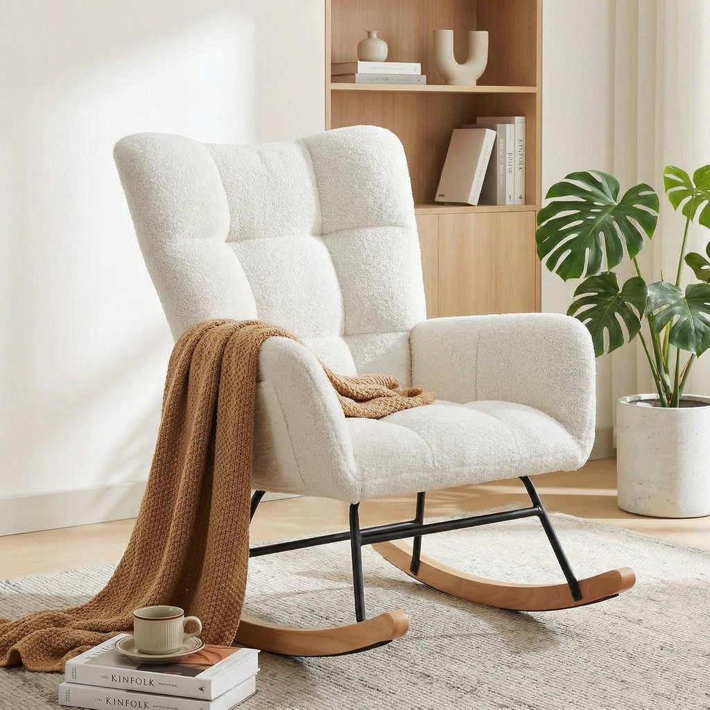 IDEALHOUSE Modern Nursery Rocking Chair, 300lbs Support Teddy Upholstered Glider Rocker with Side Pockets, High Backrest, Armrests, Metal Legs & Wood Base for Living Room, Bedroom Office