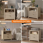 Furnulem Nightstand with Charging Station, 2 Drawers Fluted Night Stand | 19.7 inch Wide Bedside Table for Bedroom , Modern Nightstand with Wooden Legs and Metal Handle, Wood End Table, Natural Oak