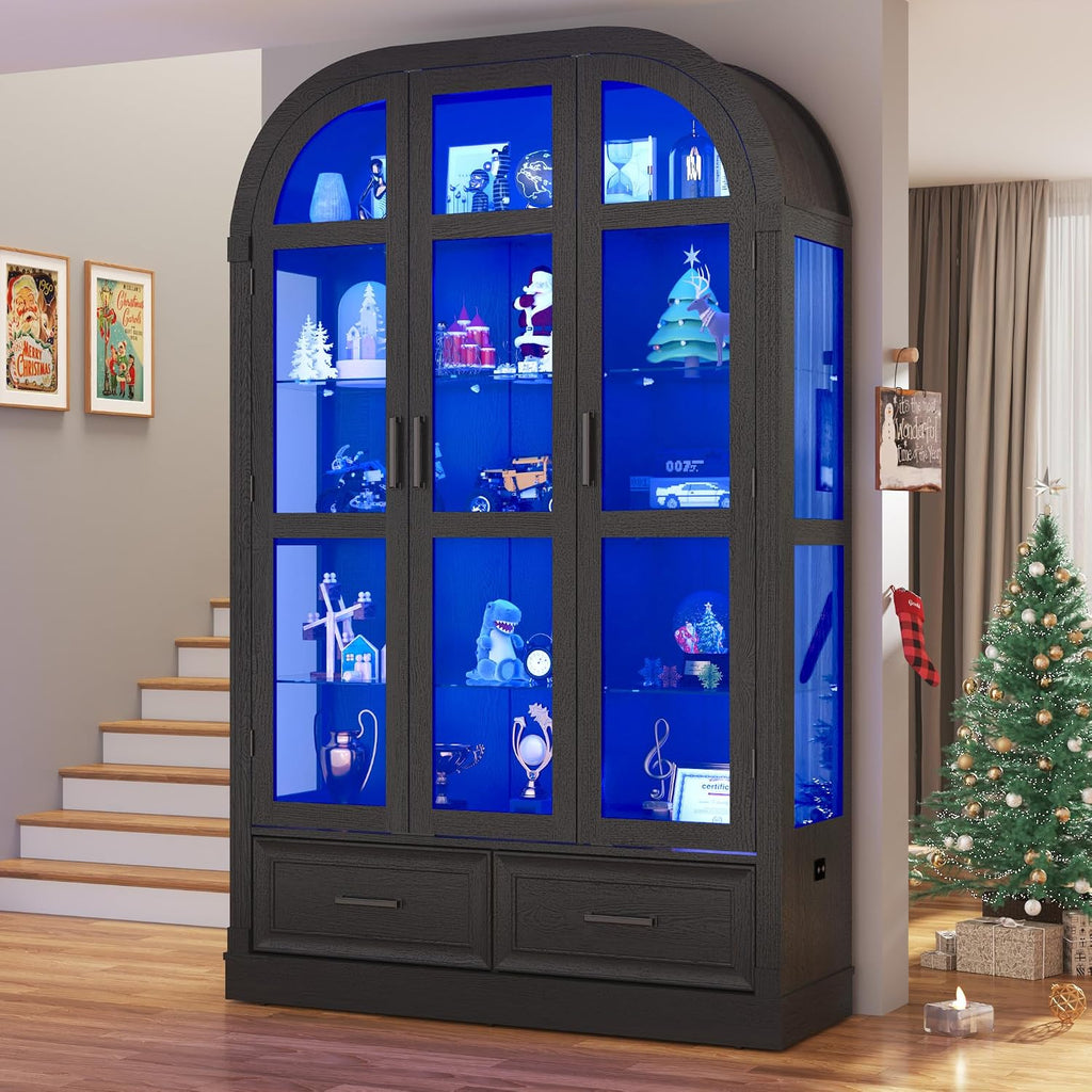 Arched Display Cabinet with 3 Glass Doors,5-Tier Curio Cabinet W/3 Color Lights for Collectibles,78'' Tall Curio Cabinet W/2 Drawers,Modern Display Case W/Human Body Sensor Light for Living/Game Room