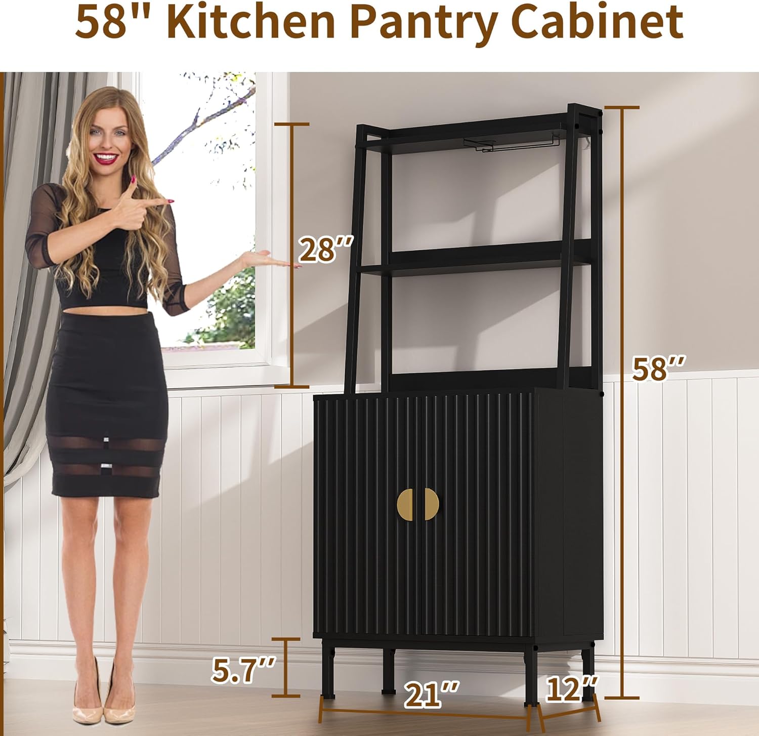kepptory 58" Kitchen Baker's Rack with Storage, Microwave & Toaster Oven Stand, Freestanding Coffee Bar Station with Wine Glass Holder & Side Storage Shelves, Black