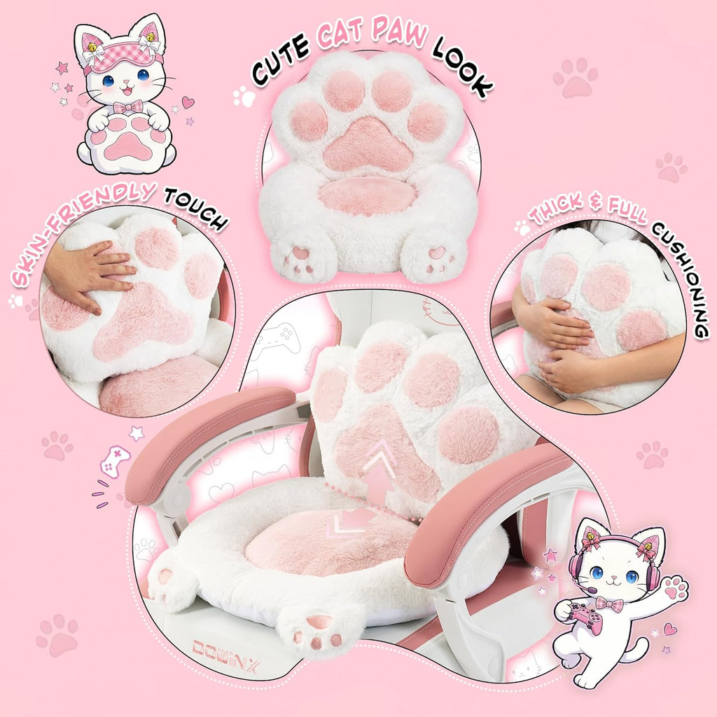 Dowinx Gaming Chair with Cat Ears and Paw Lumbar Pillow, Ergonomic Reclining Chair, Memory Foam and Spring Cushion, Footrest, 300lbs Capacity, Cute and Comfortable Design for Women & Girls