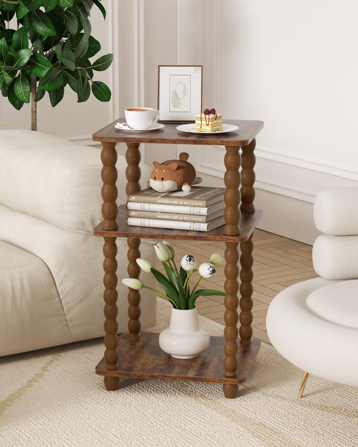 Tohiasen 3 Tier Side Table - Compact End Table with Solid Wood Legs, Small Nightstand with Open Shelves for Living Room Bedroom Office Nursery Small Spaces (Rustic Brown, Rectangular)