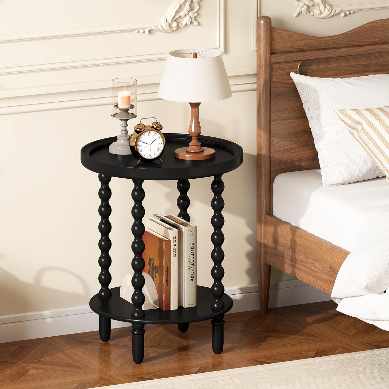 Round Side Table with Storage Shelf, 2 Tier Accent End Table with Spindle Legs, Modern Nightstand Beside Table for Living Room, Bedroom, Office, Black