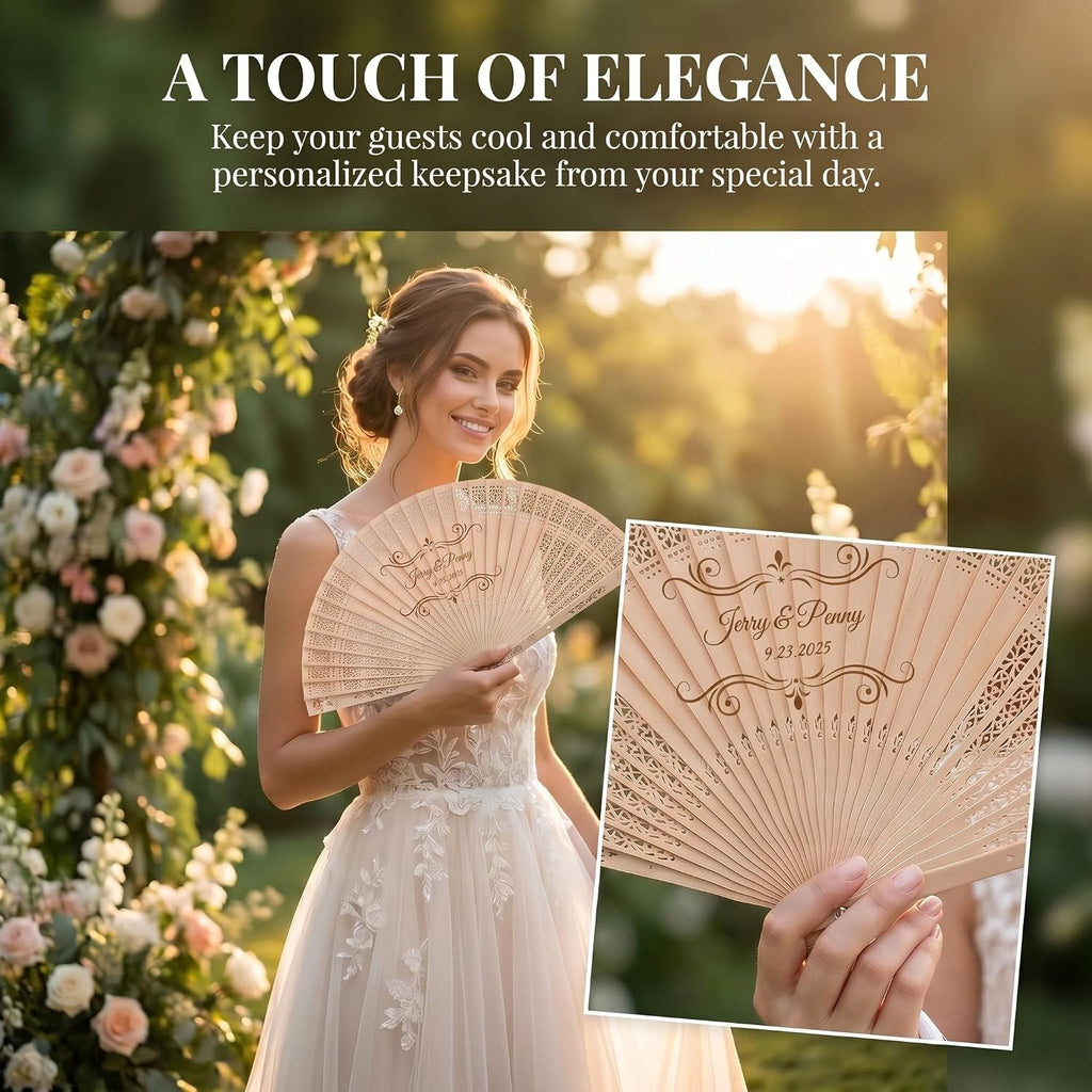 50Pcs Personalized Wooden Fans for Wedding Favors Bulks, Custom Fans for Wedding Guests, Bulk Handheld with Tassel and Yarn Bag, for Wedding Baby Shower Party Favors (50, A)