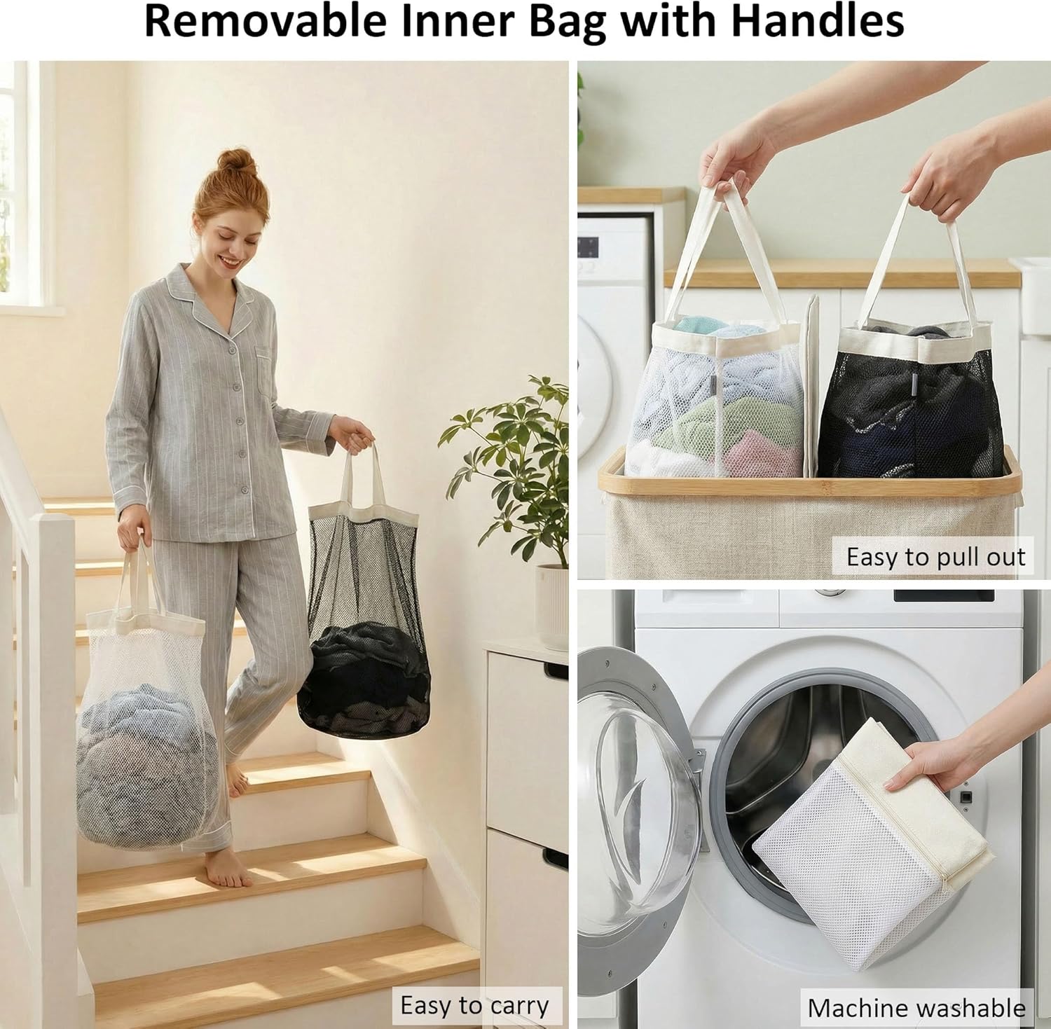 efluky Laundry Hamper with Lid, Double Laundry Basket with 2 Removable Bags, 2 Section Laundry Bin with Bamboo Handles for Bathroom, Bedroom & Laundry Room, 140L (36.9 Gallon) Beige
