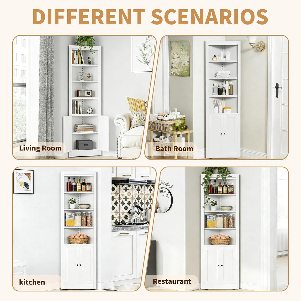 Tall Corner Pantry Cabinet for Living Room, 71 Inch 5-Tier Metal Corner Kitchen Cabinet, Adjustable Shelves, Floor Corner Bathroom Cabinet with Storage Shelves for Laundry Room, Space Saving, White