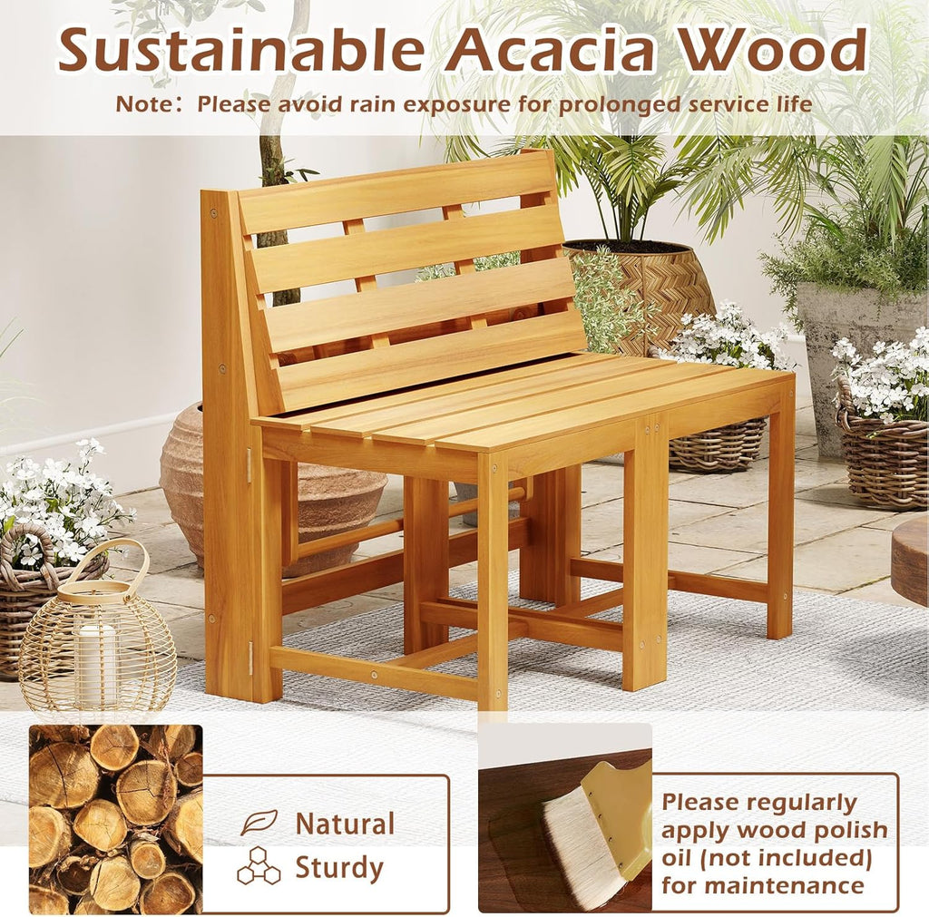 HAPPYGRILL 3-in-1 Acacia Wood Outdoor Dining Table Bench Set, with 2 Built-in Chairs, Plant Stand, Patio Bench Table for Backyard Garden
