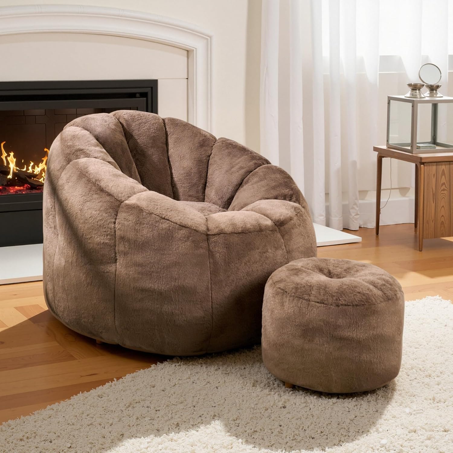 Bean Bag Chair, Bean Bag Chair with Ottoman, Stuffed Bean Bag Chairs with Filler, Big Beanbag Chairs with Filling for Living Room (Faux Fur in Brown, 40.6" D×41.4" W×27.6" H)