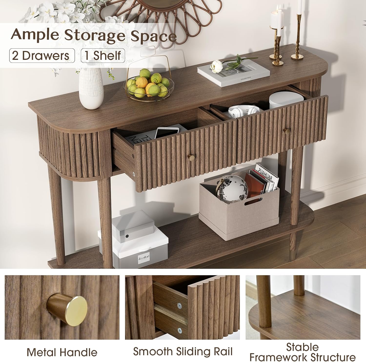 JOINICE 43" Entryway Table with Drawers,Fluted Console Table with Storage Shelf,Narrow Sofa Table for Living Room,Hallway,Foyer,Walnut