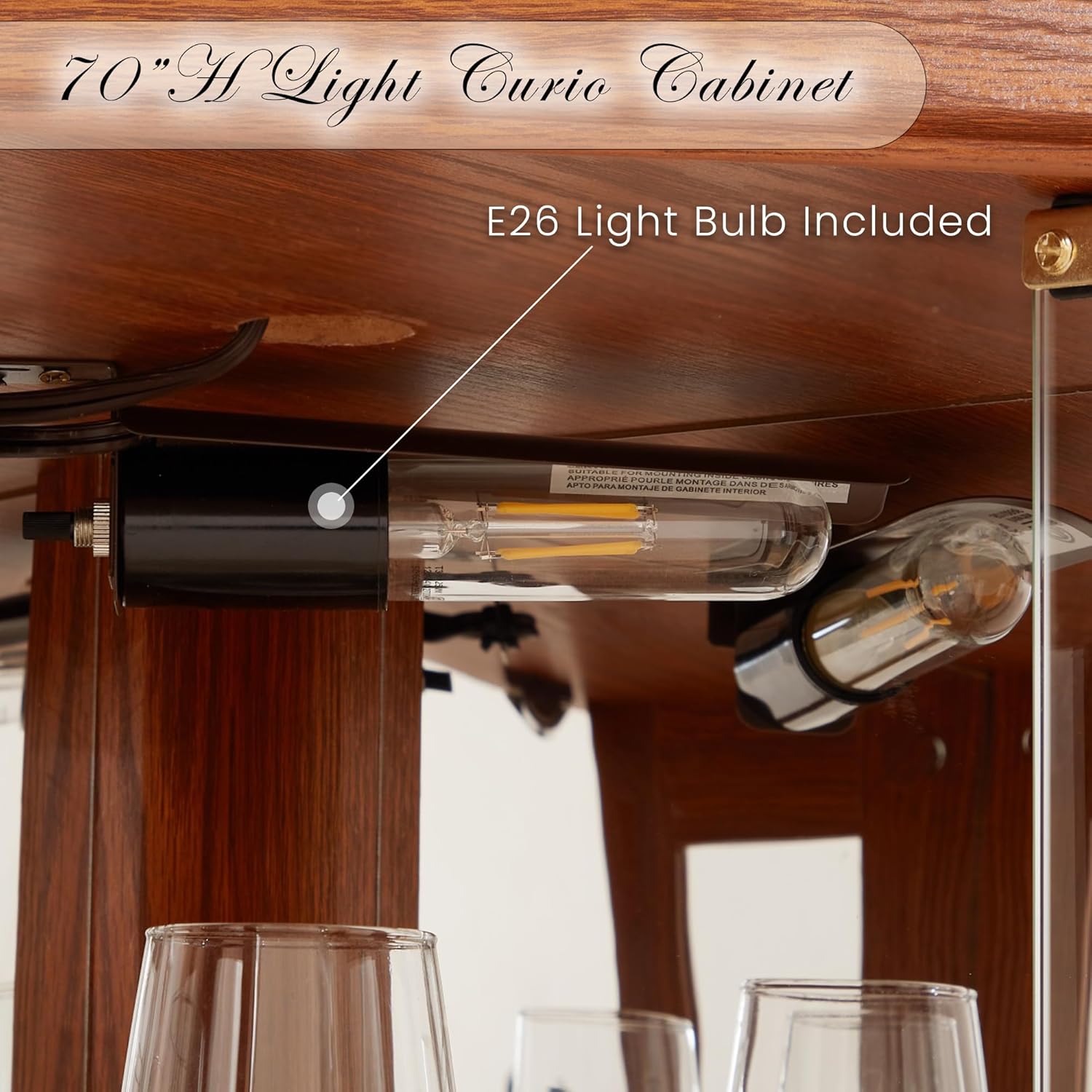 70" Lighted Corner Curio Cabinet, Wood China Display Case with Tempered Glass Doors & Adjustable Shelves, Light Bulb Included, Tall Wine Storage Rack for Bar and Liquor Storage (Dark Oak)