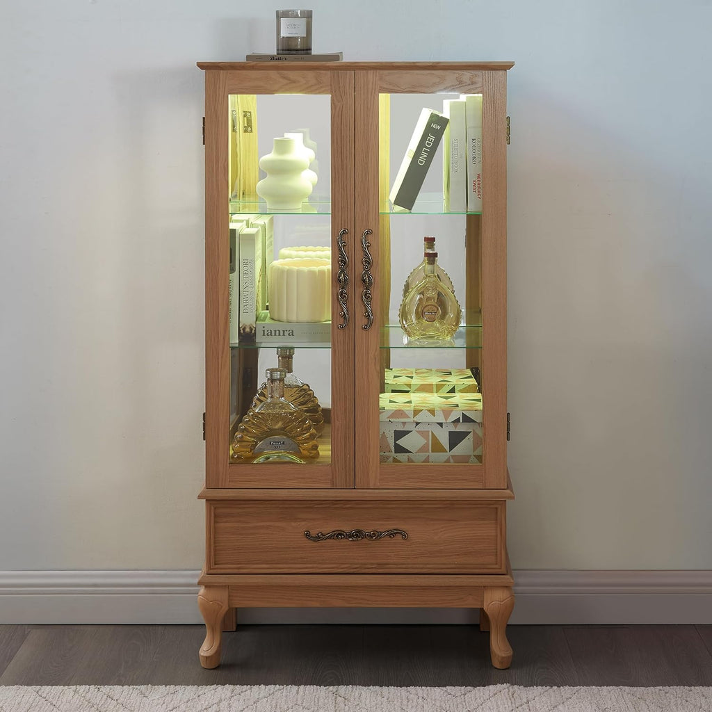Lighted Curio Cabinet, Glass Display Cabinet, Light Oak Display Cabinet with Mirrored Back, Adjustable Shelves, 2 Glass Doors, 1 Drawer, 47.44 Inch High