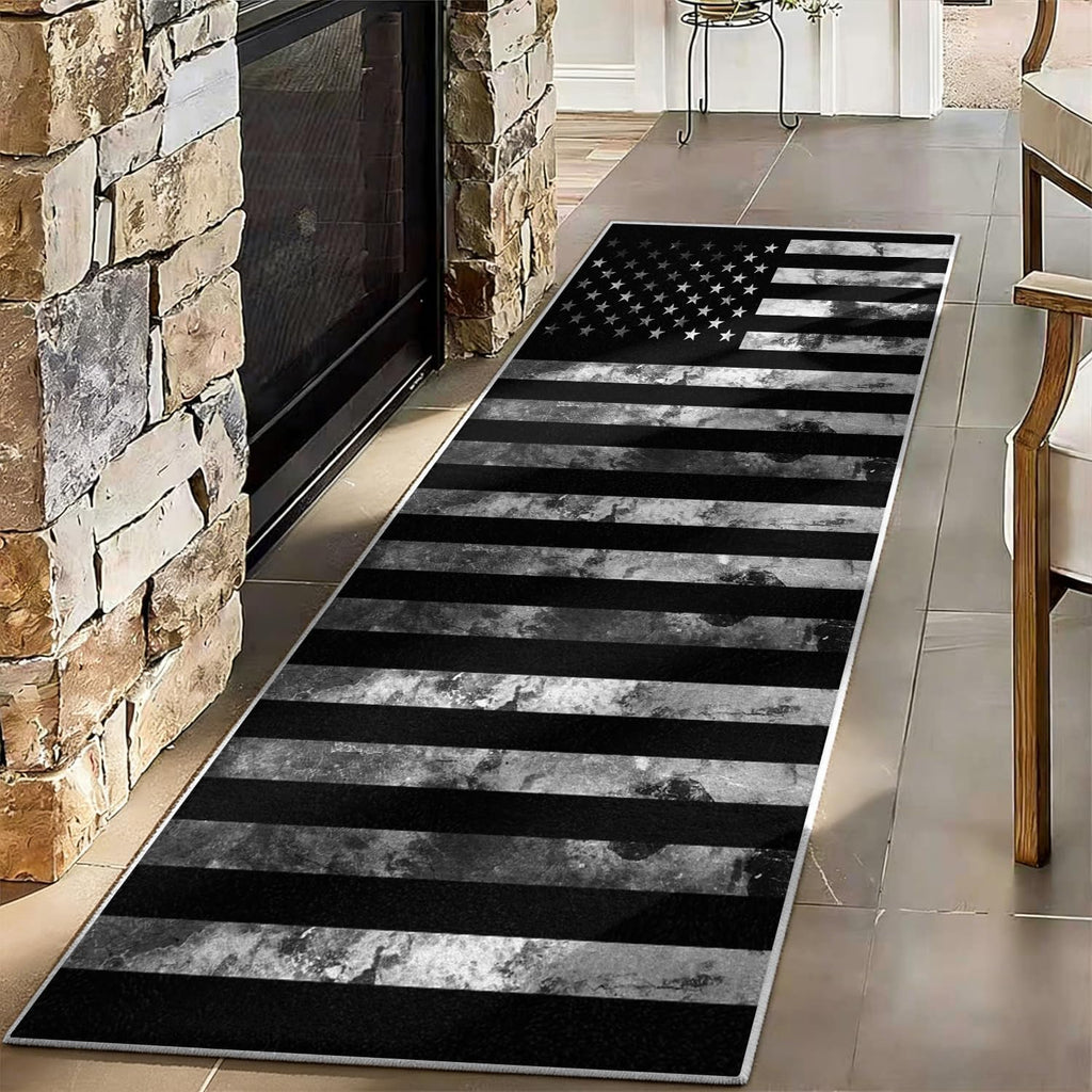 USA American Flag Runner Rug 2x6ft, Vintage USA Stars Stripes Flag School Hallways Runner Rug, Black Kitchen Floor Mat, Non-Slip Washable Low Pile Carpet for Entryway Living Room Bedroom Playroom