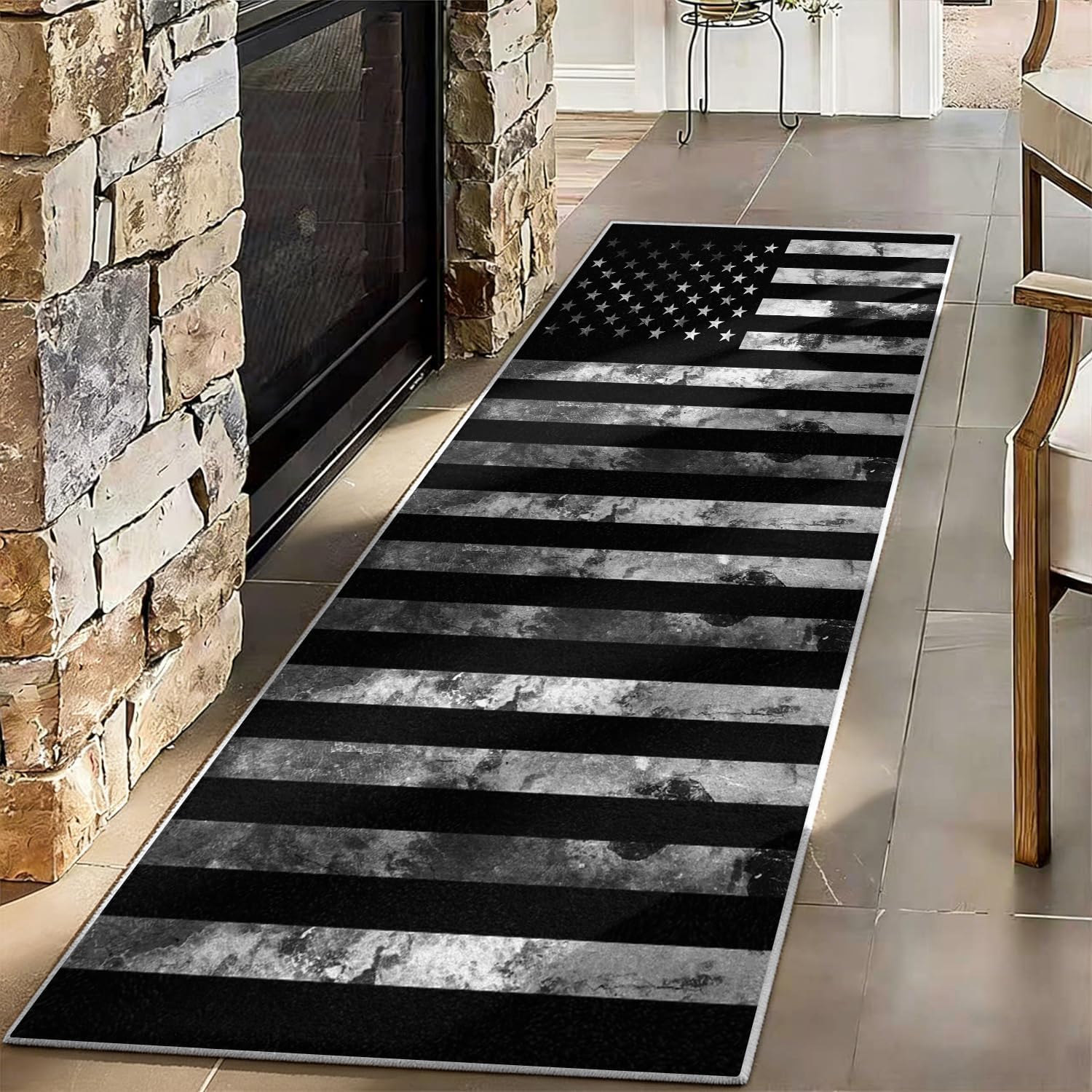 USA American Flag Runner Rug 2x6ft, Vintage USA Stars Stripes Flag School Hallways Runner Rug, Black Kitchen Floor Mat, Non-Slip Washable Low Pile Carpet for Entryway Living Room Bedroom Playroom