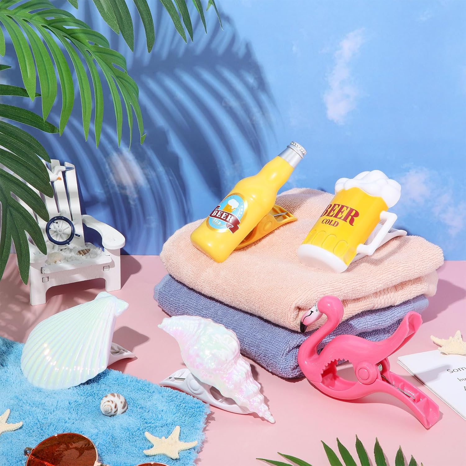 CHENGU 10 Pcs Beach Towel Clips Towel Clips Chair Holders for Beach Chairs Jumbo Size Plastic Clothes Pins Flamingo Parrot Pineapple Watermelon Seashell Ice Cream Beer Mug(Distinctive Style)