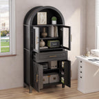 Farmhouse Tall Arched Kitchen Pantry Cabinet with Glass Barn Door – Adjustable Shelves & Built-in Racks for Dining Room & Living Room Storage (Black)