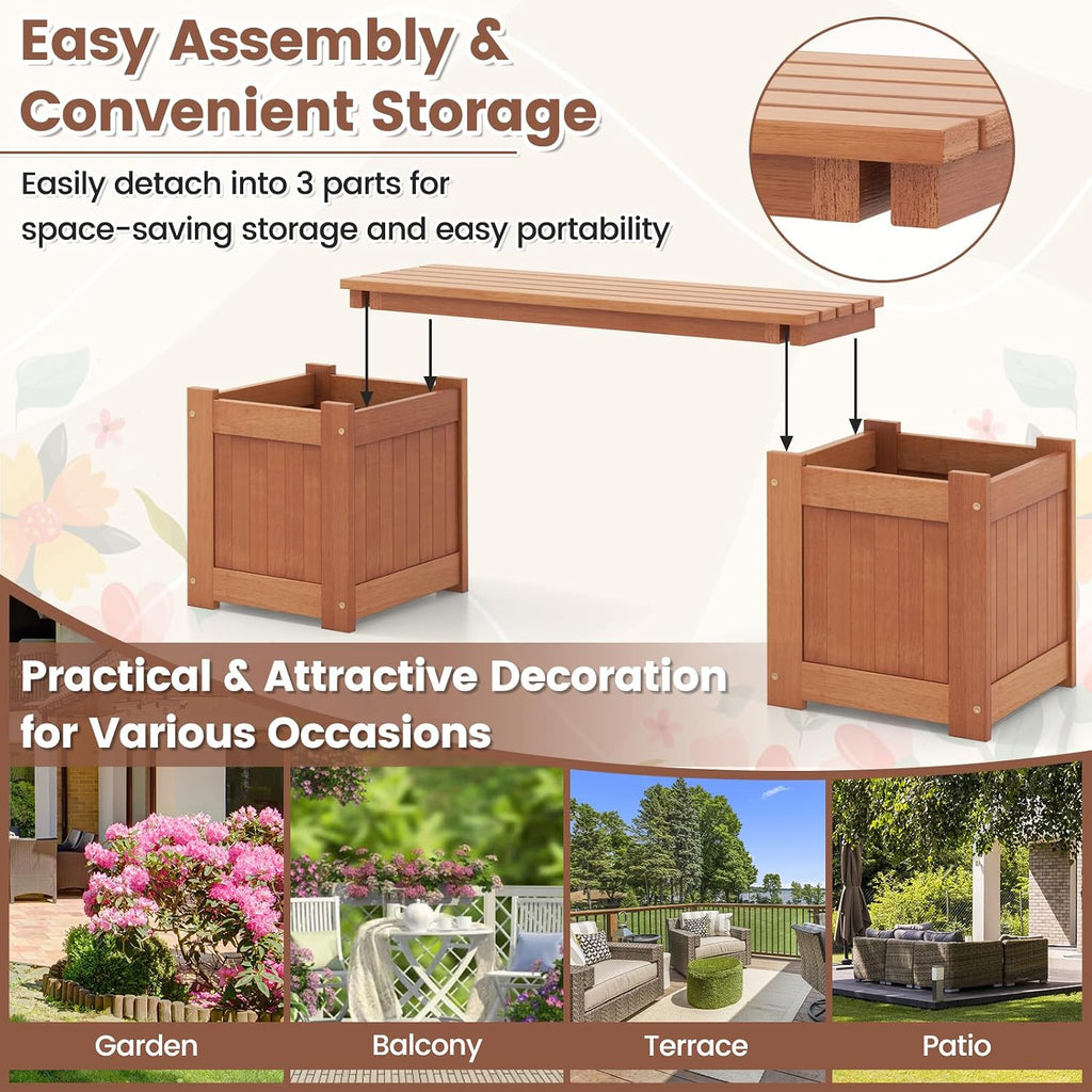 Planter Box Bench Outdoor, Wood Patio Bench with 2 Wood Planter Boxes, Raised Plant Container Garden Bench for Outdoor, Patio, Yard, Deck & Balcony