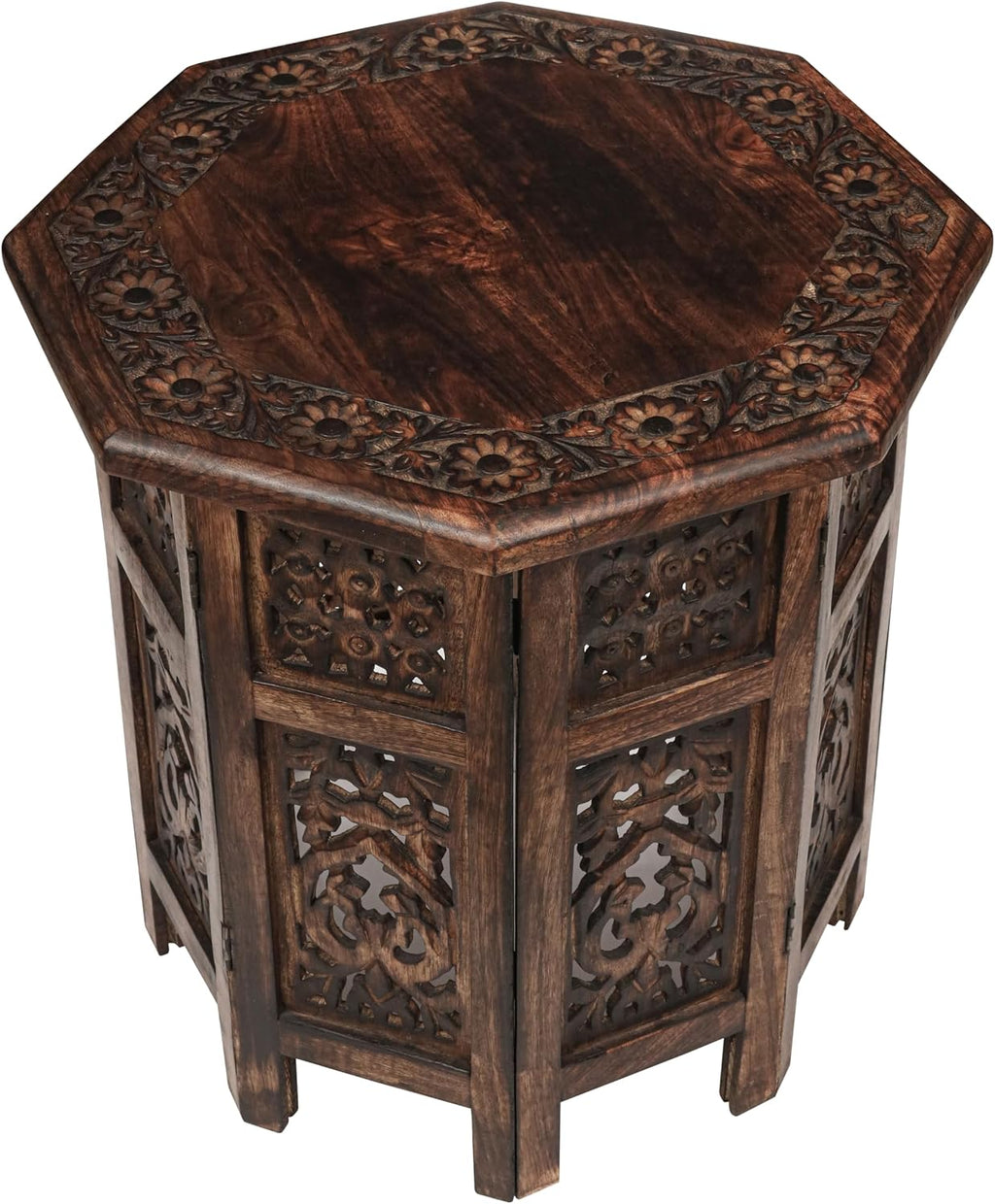 End Tables for Living Room– Hand Carved Vintage Boho Folding Side Tables for Small Spaces, Entryway, Living Room, Bedroom – No Tools Assembly, 18"x18" Octagon, Scorch Burnt Finish