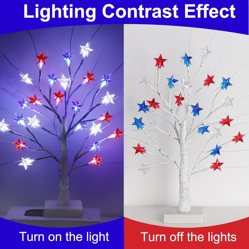 2 Pack 18" 4th of July Patriotic Tree Lights with 24 LED Red White Blue Star Lights Battery or USB Powered Lighted Tabletop Tree, Independence Day Memorial Day Decorations for Home Party Table Decor
