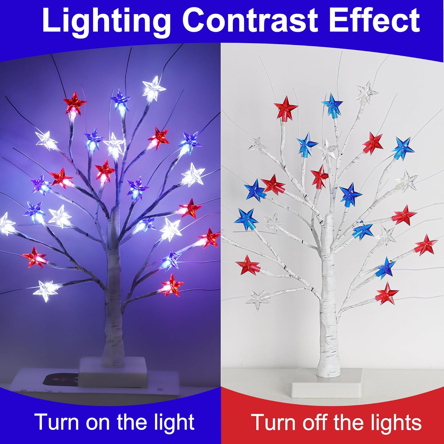 2 Pack 18" 4th of July Patriotic Tree Lights with 24 LED Red White Blue Star Lights Battery or USB Powered Lighted Tabletop Tree, Independence Day Memorial Day Decorations for Home Party Table Decor