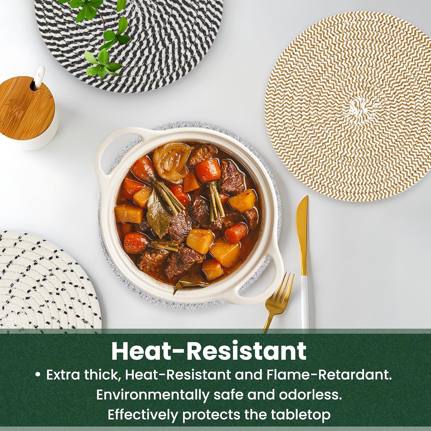 8 Inch Trivets for Hot Dishes, Hot Pots and Pans, Thick Heat Resistant Large Coaster for Kitchen, Hot Pads, Kitchen Essentials, Kitchen Decor for Table & Countertop with Storage Basket, 5 Pcs