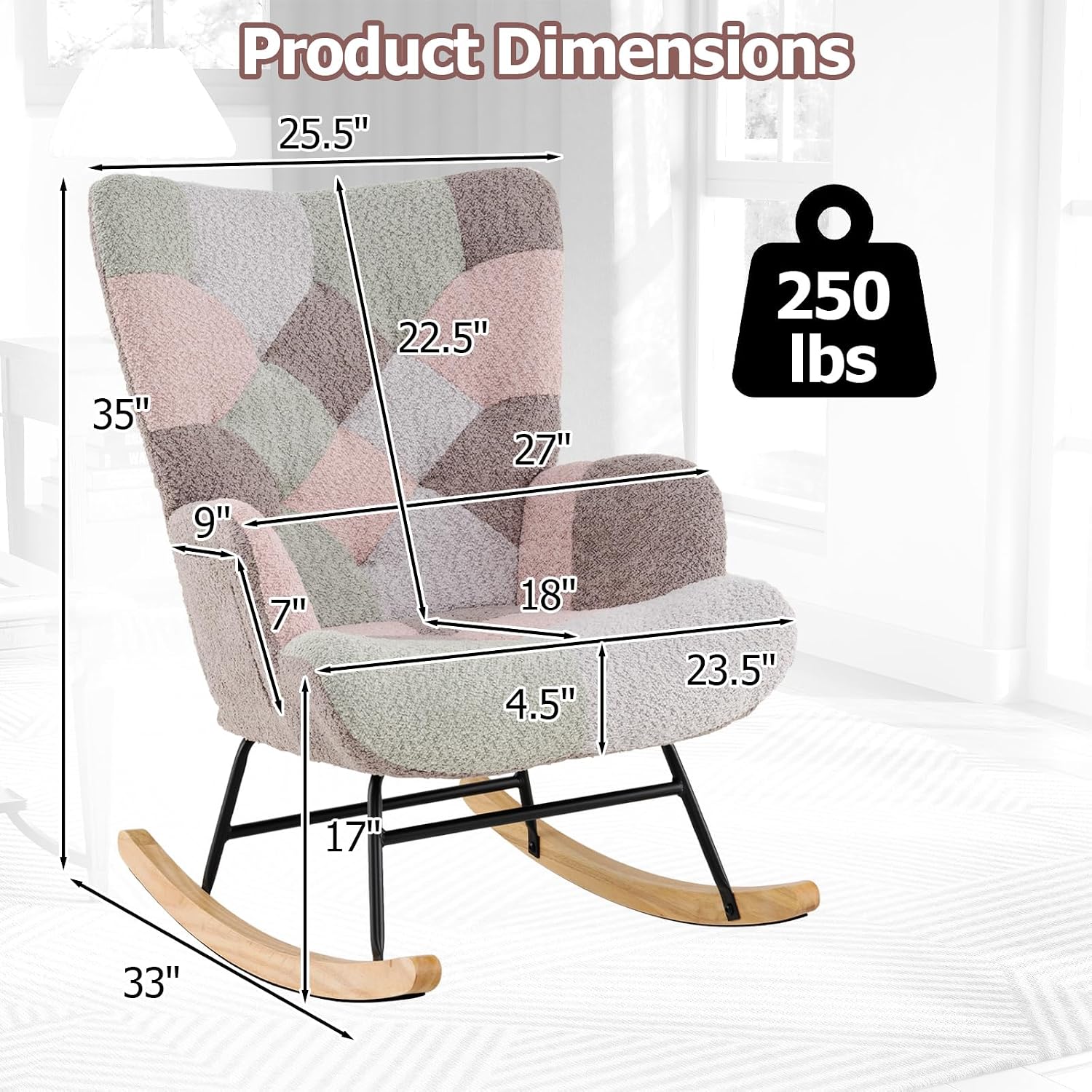 Moccha Nursery Rocking Chair, Teddy Upholstered Glider Rocker with High Backrest, Rubber Wood Legs & Side Pocket, Comfy Armchair Side Chair for Living Room Bedroom (1, Spliced Pink)
