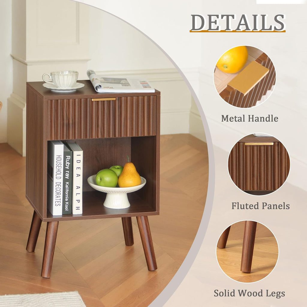 Fultyle Nightstand with Charging Station, Fluted Night Stand with USB and Type C Ports, Mid Century Modern Bedside Table with Drawer and Storage Shelf for Bedroom, Living Room, Office (Walnut Brown)