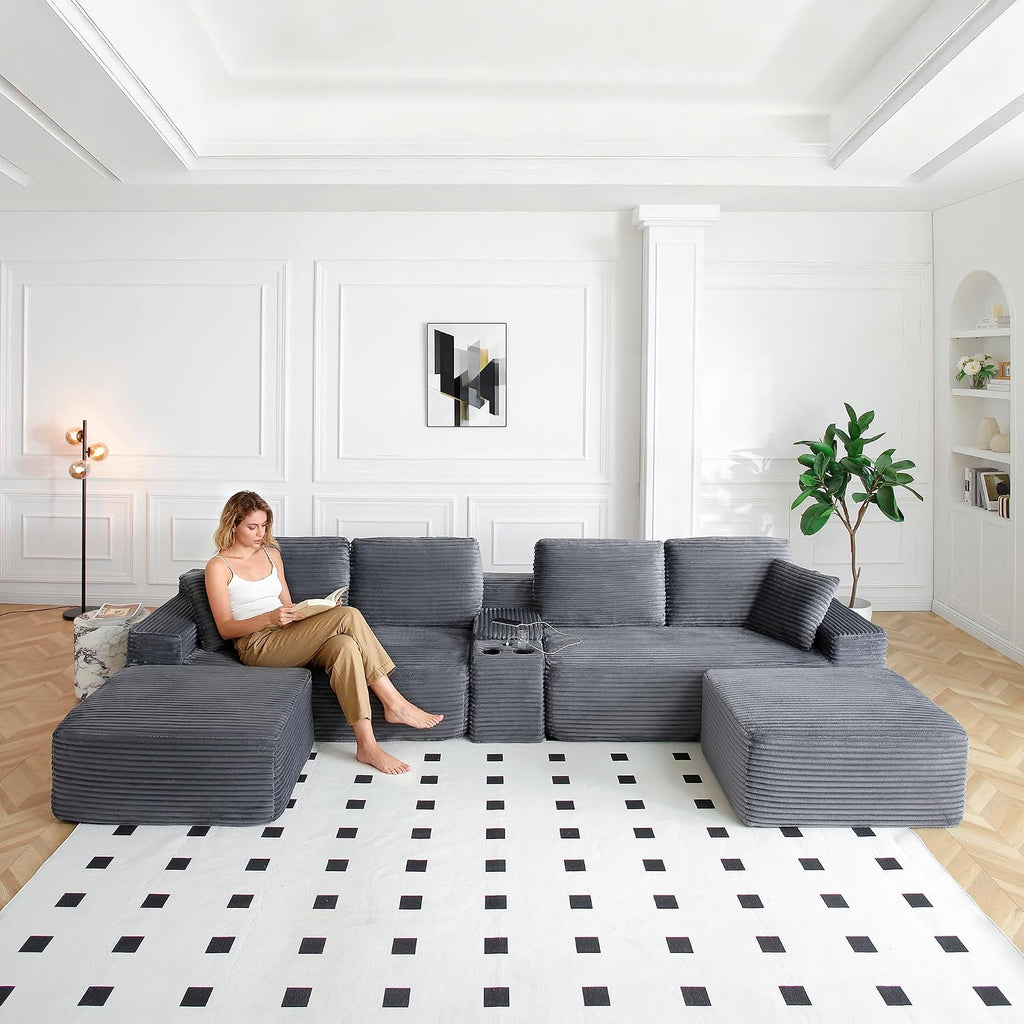 125" Oversized Sectional Couches for Living Room, Modern Boneless Cloud Couch with Ottoman,USB Port&Cup Holders, Comfy Corduroy Modular Sectional U Shape Sofa Couch for Apartment, Grey Couch in a Box
