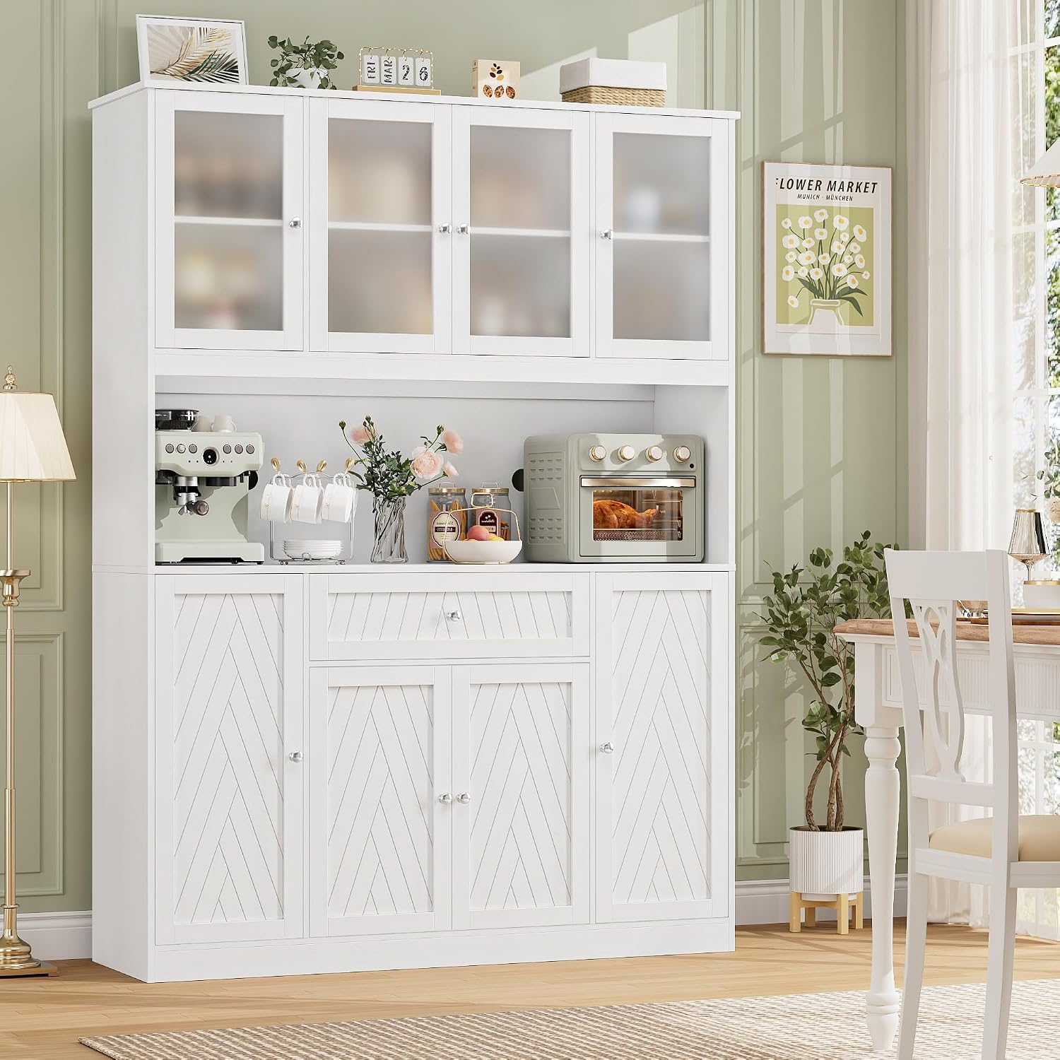 BOTLOG 72" Tall Kitchen Pantry Cabinet, 55.1" Wide Large Kitchen Hutch with Microwave Countertop, Coffee Bar Station with Drawer & Doors, White Freestanding Buffet Cupboard for Dining Room