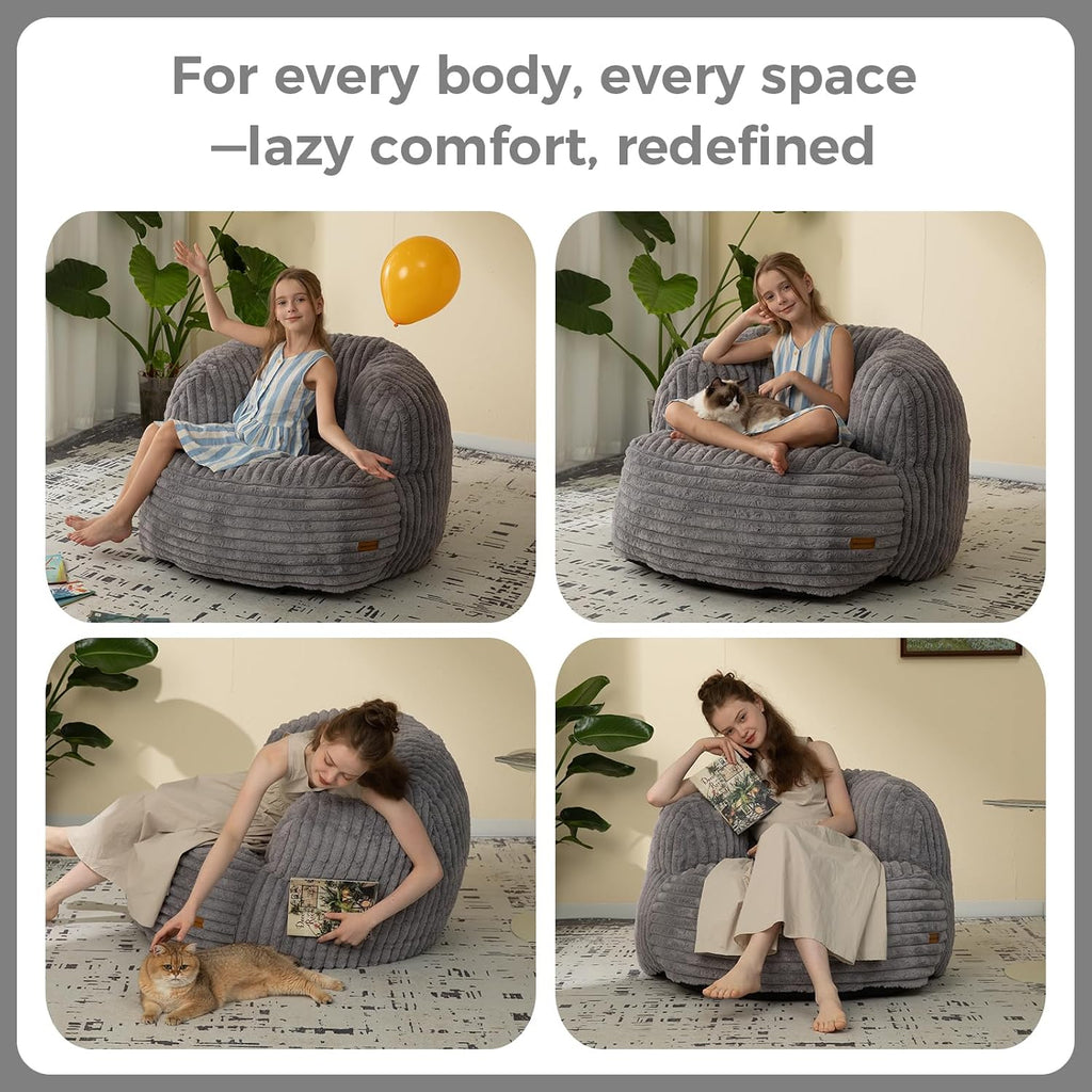 Bean Bag Chair for Adults Teens, Comfy Reading Chair Sofa with Round Seat | DarkGray, Giant Bean Bag with Filler, Corduroy Beanbag Chairs Floor Sofa, For Living Room, Bedroom, Gaming