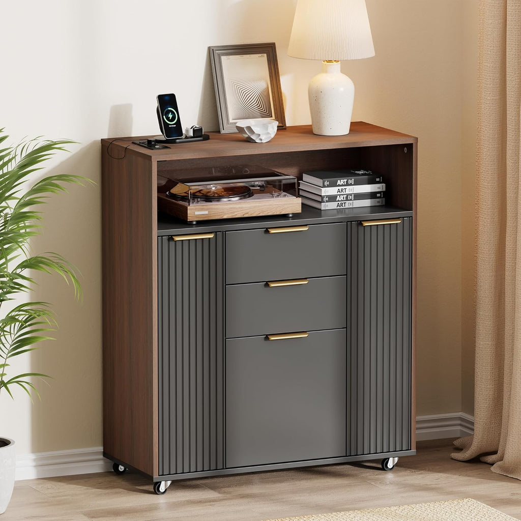 ModernMate Fluted Mobile Office File Cabinet with 3 Drawers, 37" Rolling Storage Cabinet with Charging Station, Small Printer Stand for Home Office, Black Walnut