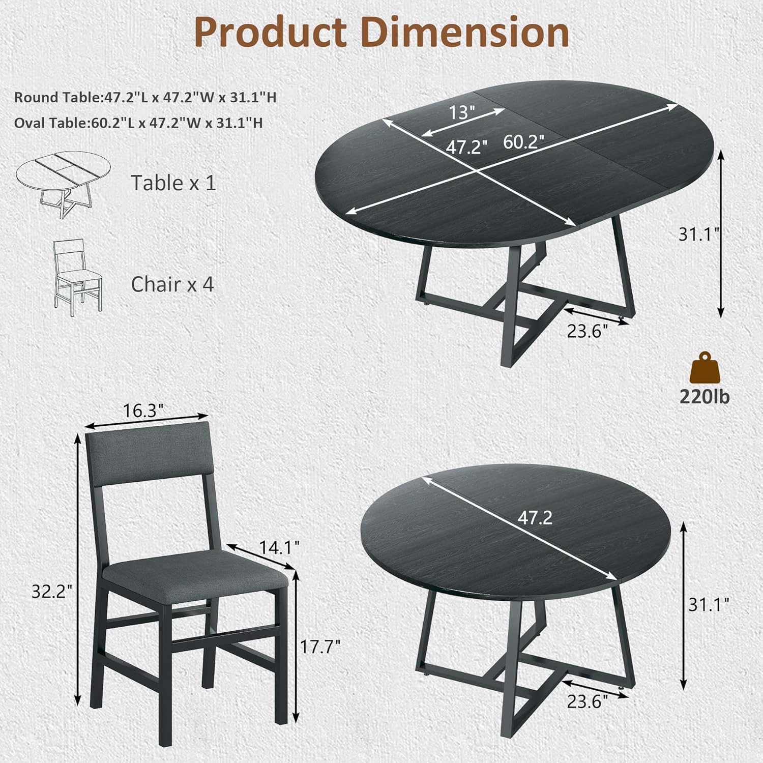 HUAHUU 60" Dining Table Set for 4-8, 5-Piece Extendable Round to Oval Kitchen Table Cushion Chairs Set of 4, Metal Frame & MDF Board, Space-Saving for Small Apartment, Black Wood Grain