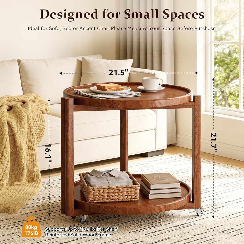 Taitiy Rolling Side Table with Wheels Solid Wood Round End Table with Storage Shelf 2 Tier Mobile Side Table for Couch & Small Spaces Wooden Bedside Table with Lockable Casters Walnut 21.5"